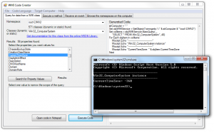Microsoft's WMI Code Creator displaying a WMI query and VBScript