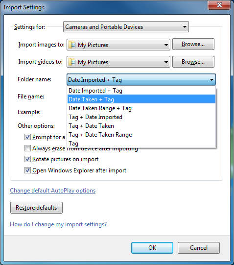 Windows 7 Import Settings dialog box