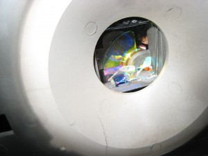 A shattered Samsung HLN617W DLP color wheel (closeup)