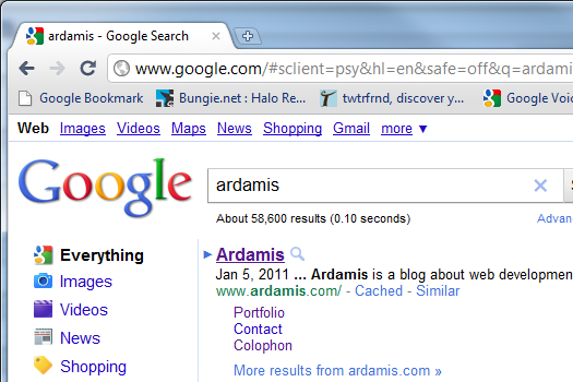 Google sitelinks for "ardamis"