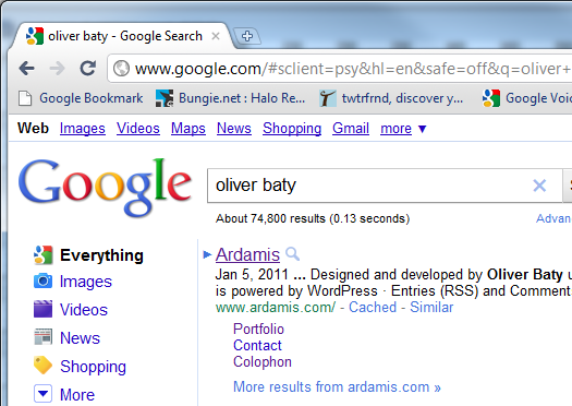 Google sitelinks for "oliver baty"